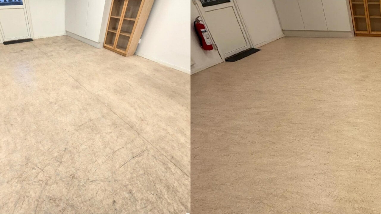 Bild på golv före och efter renovering